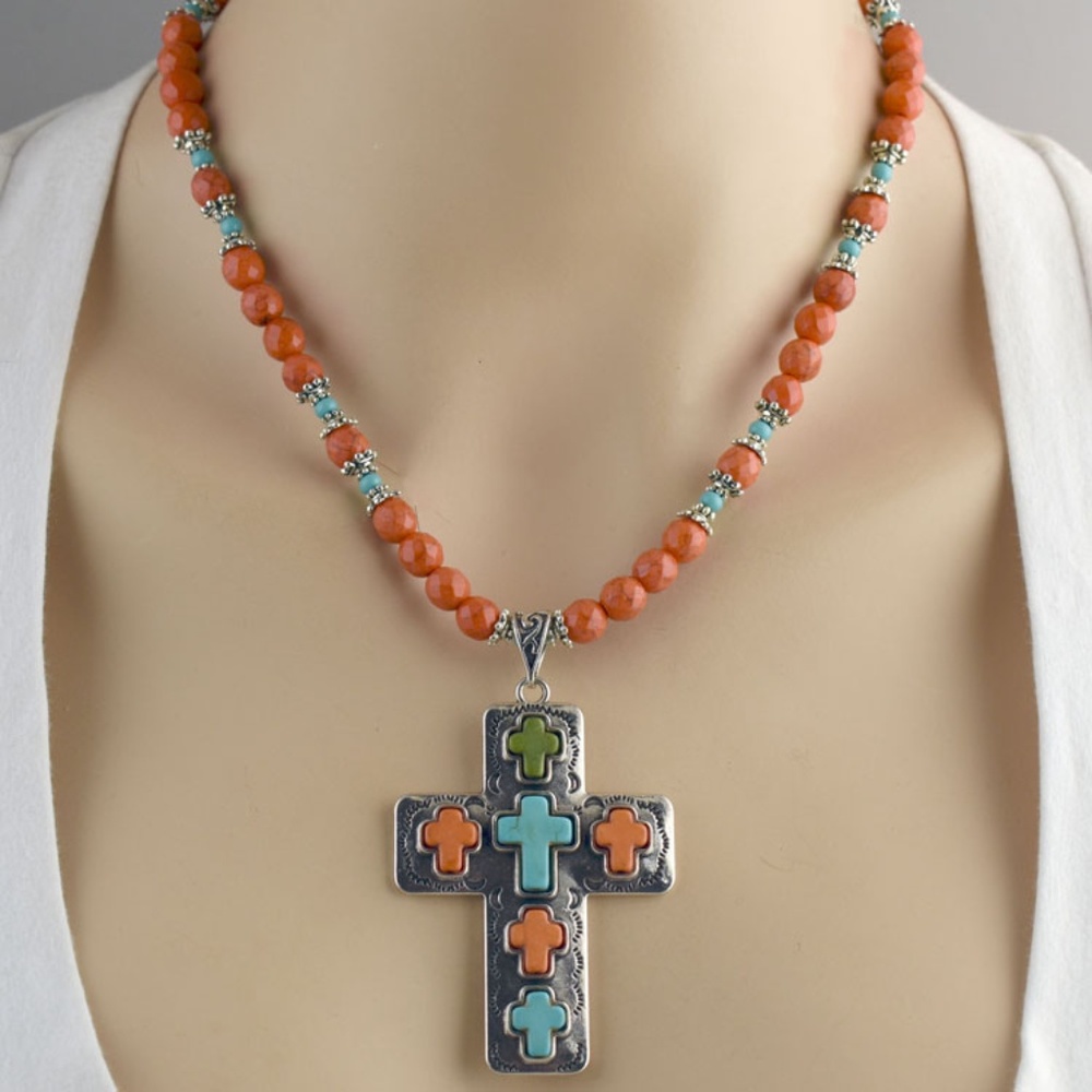 Multi-colored Turquoise Cross Necklace Set